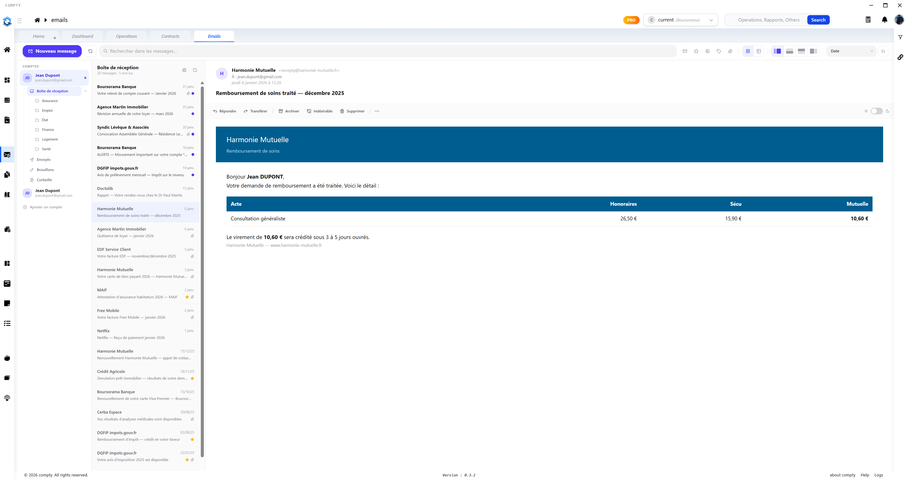 Aperçu de l'écran emails — thème Clair